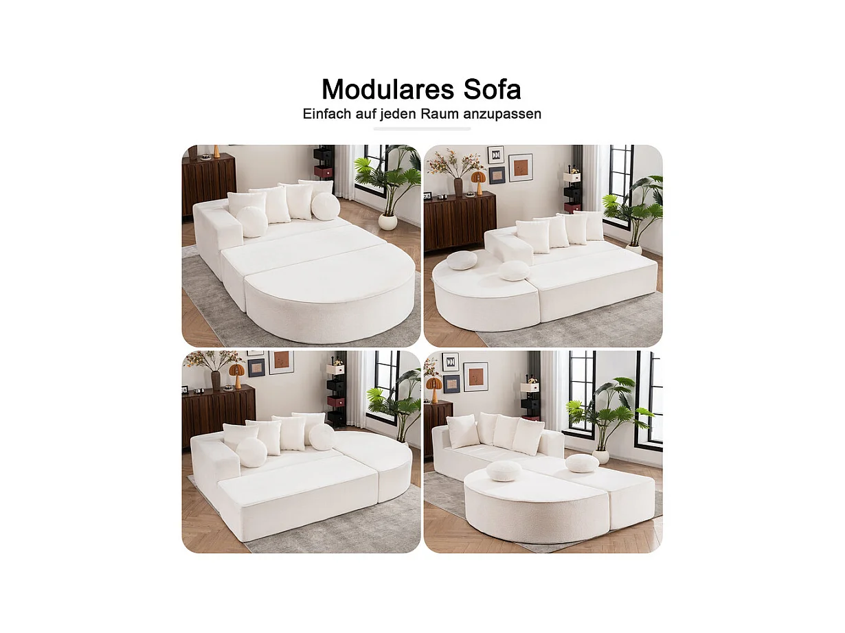 Canapé 5 places panoramique modulable - en tissu Chenille blanc - avec 6 oreillers - 263x171x66cm