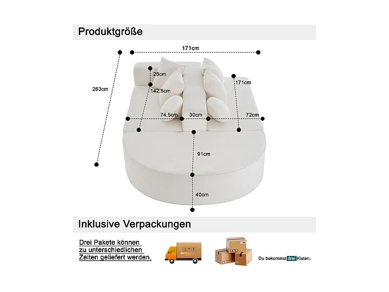 Canapé 5 places panoramique modulable - en tissu Chenille blanc - avec 6 oreillers - 263x171x66cm