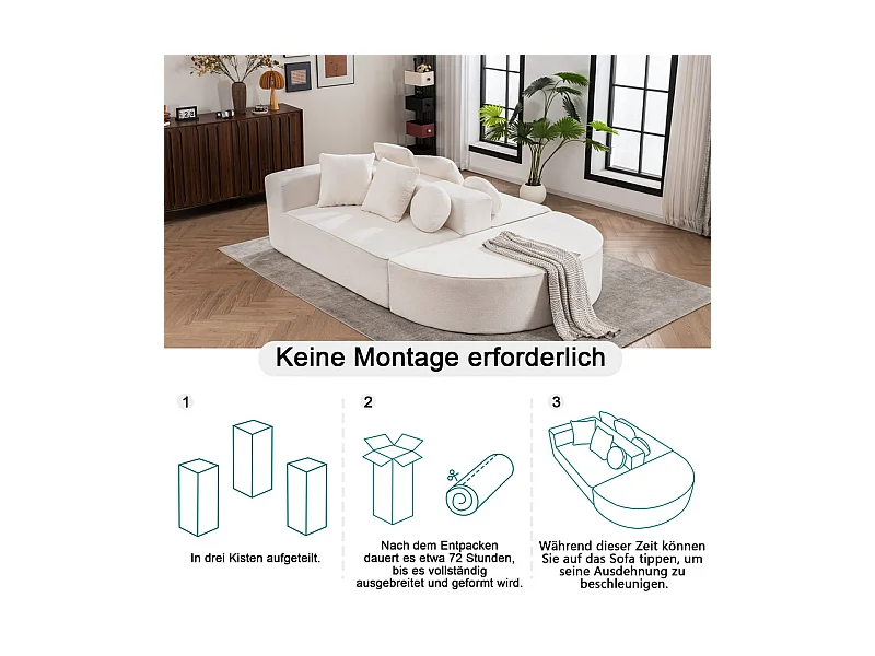 Canapé 5 places panoramique modulable - en tissu Chenille blanc - avec 6 oreillers - 263x171x66cm