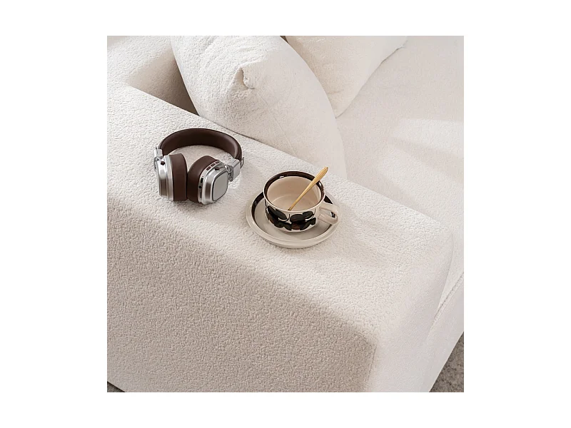 Canapé 5 places panoramique modulable - en tissu Chenille blanc - avec 6 oreillers - 263x171x66cm