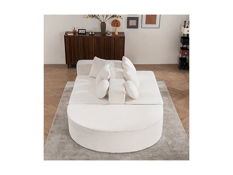 Canapé 5 places panoramique modulable - en tissu Chenille blanc - avec 6 oreillers - 263x171x66cm