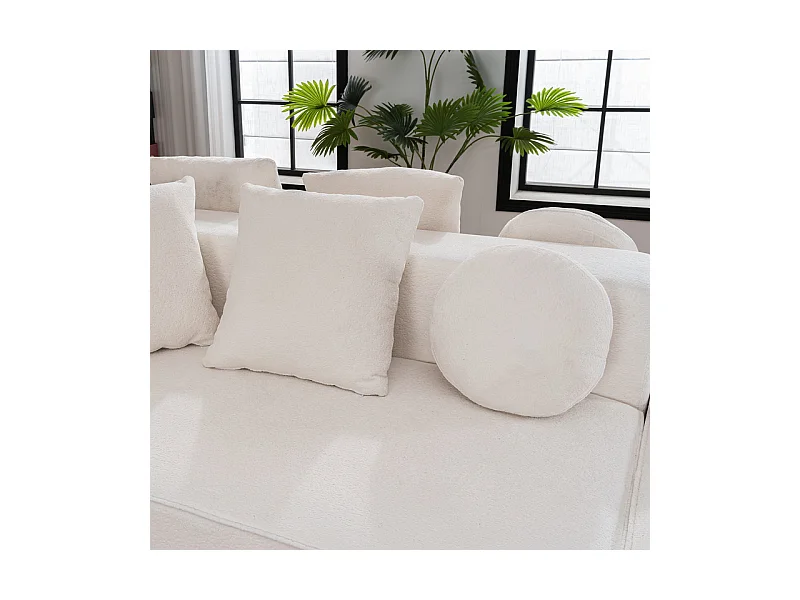 Canapé 5 places panoramique modulable - en tissu Chenille blanc - avec 6 oreillers - 263x171x66cm