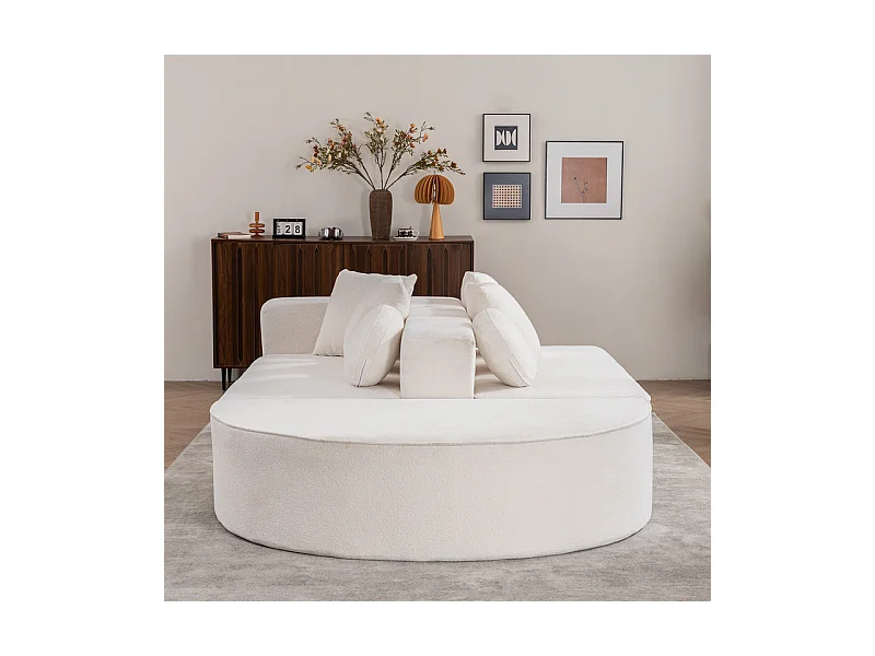 Canapé 5 places panoramique modulable - en tissu Chenille blanc - avec 6 oreillers - 263x171x66cm