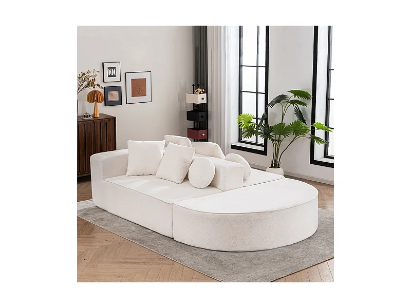 Canapé 5 places panoramique modulable - en tissu Chenille blanc - avec 6 oreillers - 263x171x66cm