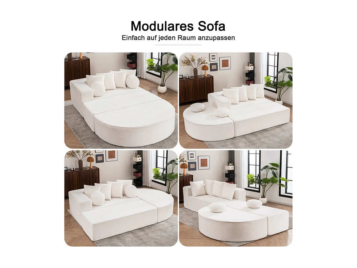 Modulaire panoramische bank 5-zits - van Chenille stof wit - met 6 kussens - 263x171x66cm