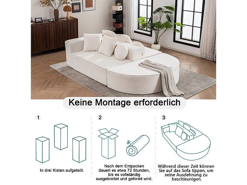 Modulaire panoramische bank 5-zits - van Chenille stof wit - met 6 kussens - 263x171x66cm