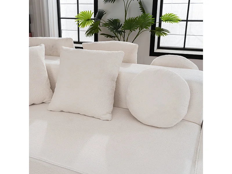 Modulaire panoramische bank 5-zits - van Chenille stof wit - met 6 kussens - 263x171x66cm