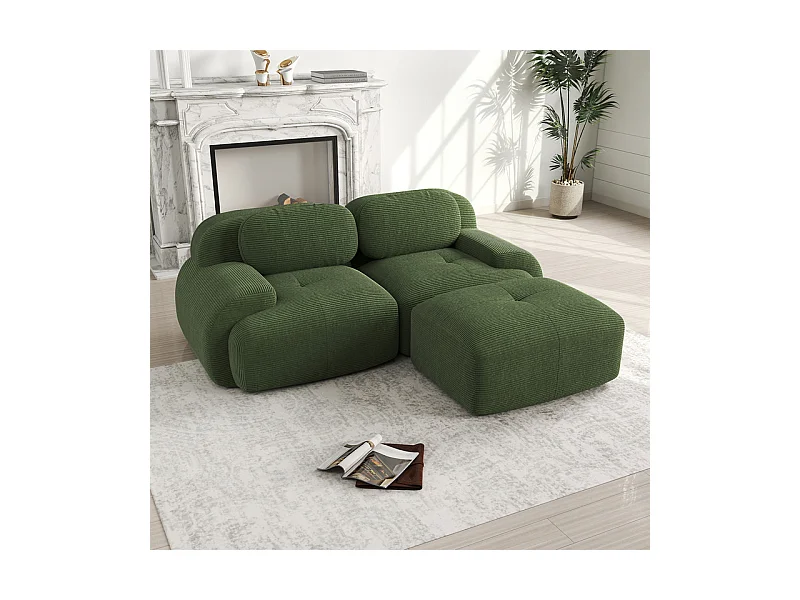 Canapé 2 places d'angle modulable - en Velours côtelé - avec 2 oreillers et  pouf - ergonomique - 208x178x75cm - Vert