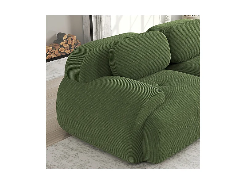 Canapé 2 places d'angle modulable - en Velours côtelé - avec 2 oreillers et  pouf - ergonomique - 208x178x75cm - Vert