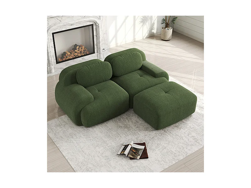 Canapé 2 places d'angle modulable - en Velours côtelé - avec 2 oreillers et  pouf - ergonomique - 208x178x75cm - Vert