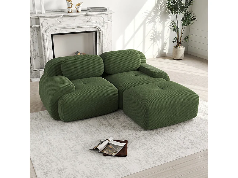 Canapé 2 places d'angle modulable - en Velours côtelé - avec 2 oreillers et  pouf - ergonomique - 208x178x70cm - Vert