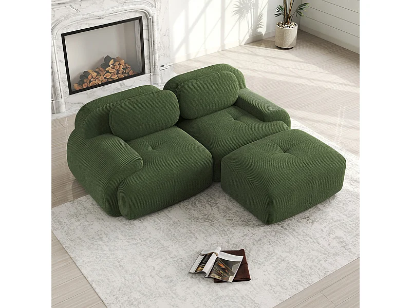 Canapé 2 places d'angle modulable - en Velours côtelé - avec 2 oreillers et  pouf - ergonomique - 208x178x70cm - Vert