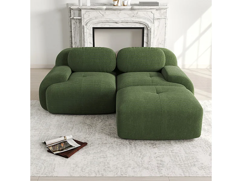 Canapé 2 places d'angle modulable - en Velours côtelé - avec 2 oreillers et  pouf - ergonomique - 208x178x75cm - Vert