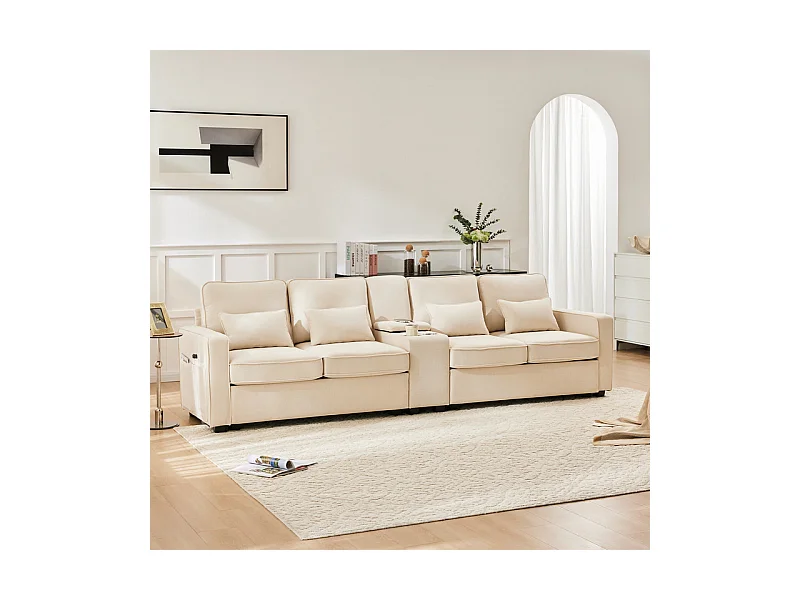 Canapé 4 places moderne en tissu lin - avec USB et porte-gobelets - 4 oreillers - 290x83x88cm - Beige