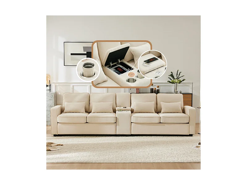 Canapé 4 places moderne en tissu lin - avec USB et porte-gobelets - 4 oreillers - 290x83x88cm - Beige