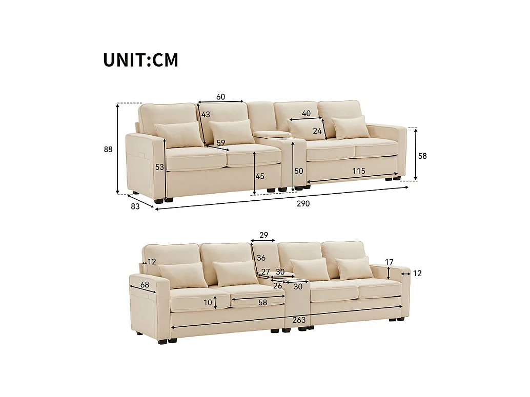 Canapé 4 places moderne en tissu lin - avec USB et porte-gobelets - 4 oreillers - 290x83x88cm - Beige