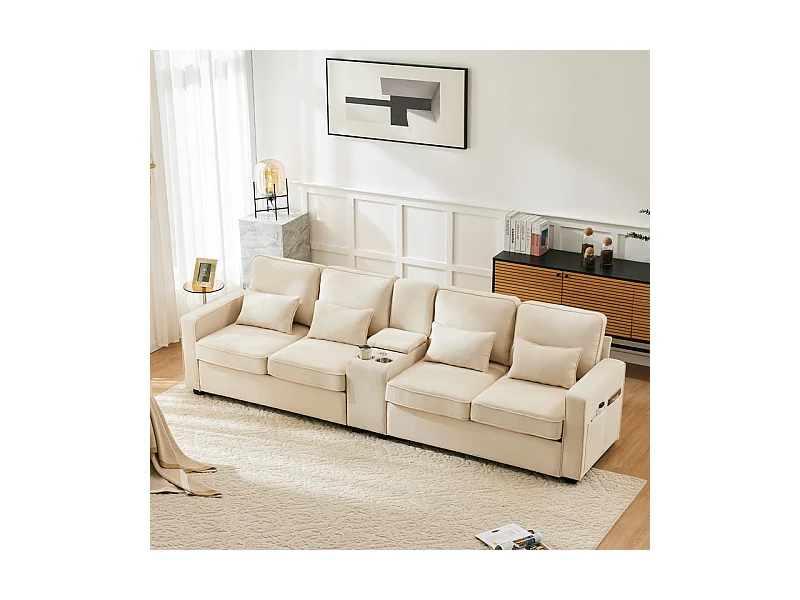 Canapé 4 places moderne en tissu lin - avec USB et porte-gobelets - 4 oreillers - 290x83x88cm - Beige