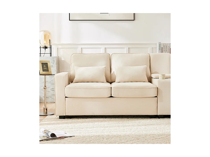 Canapé 4 places moderne en tissu lin - avec USB et porte-gobelets - 4 oreillers - 290x83x88cm - Beige