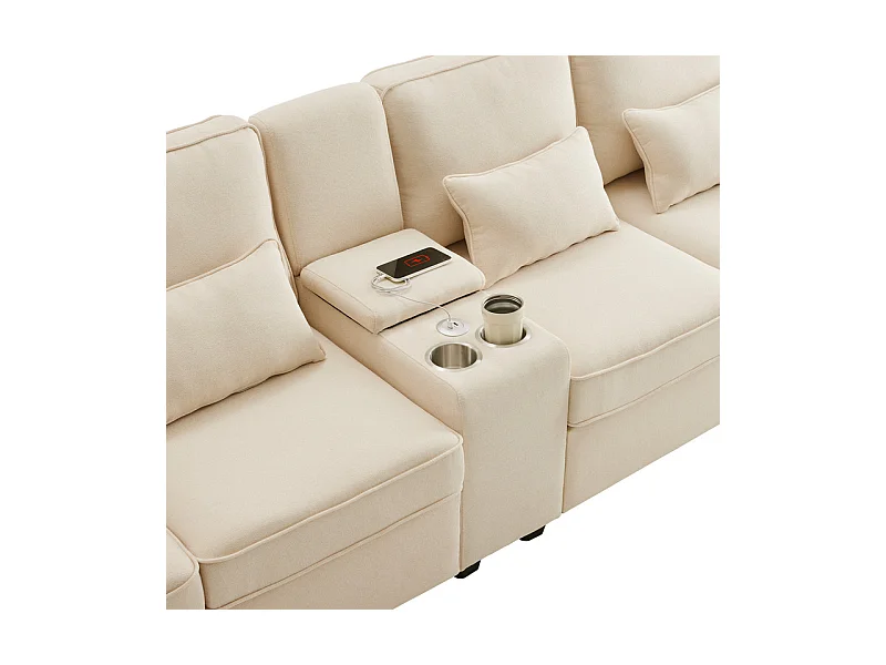 Canapé 4 places moderne en tissu lin - avec USB et porte-gobelets - 4 oreillers - 290x83x88cm - Beige