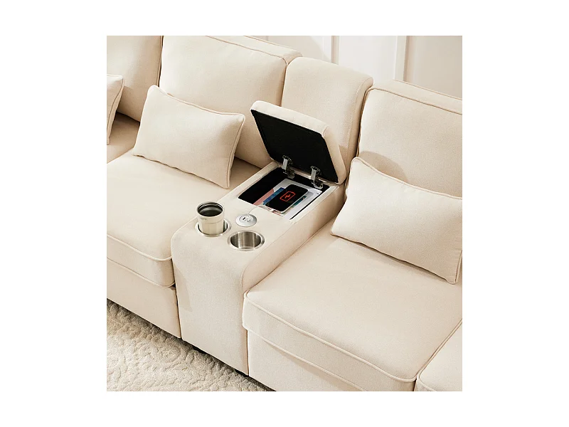 Canapé 4 places moderne en tissu lin - avec USB et porte-gobelets - 4 oreillers - 290x83x88cm - Beige