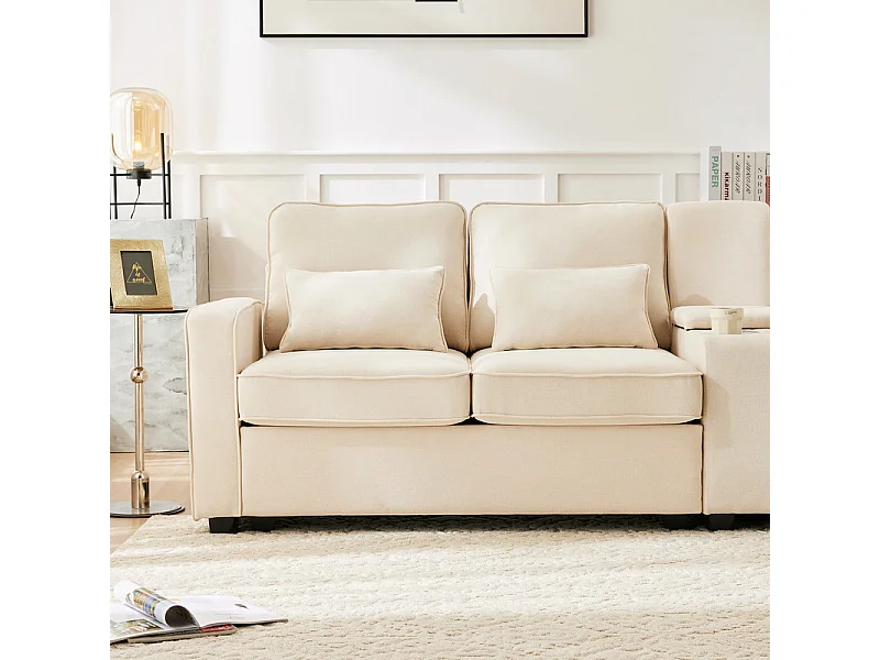 Canapé 4 places moderne en tissu lin - avec USB et porte-gobelets - 4 oreillers - 290x83x88cm - Beige