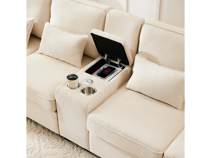 Canapé 4 places moderne en tissu lin - avec USB et porte-gobelets - 4 oreillers - 290x83x88cm - Beige