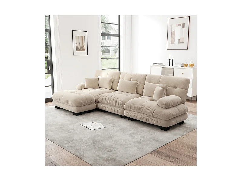 Sofá angular 3 plazas de tejido Chenilla, con 5 cojines, otomana extraíble, combinación DIY, 313x145x81cm, Beige