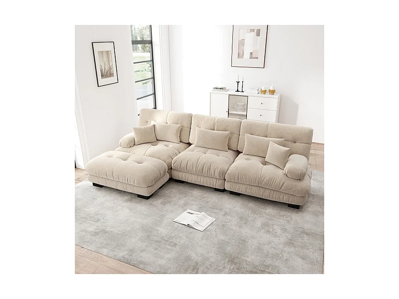 Sofá angular 3 plazas de tejido Chenilla, con 5 cojines, otomana extraíble, combinación DIY, 313x145x81cm, Beige