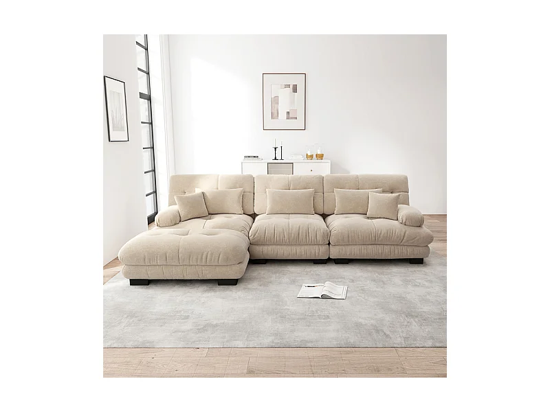 Canapé 3 places d'angle en tissu chenille, avec 5 oreillers, pouf amovible, combinaison DIY, 313x145x81cm, Beige
