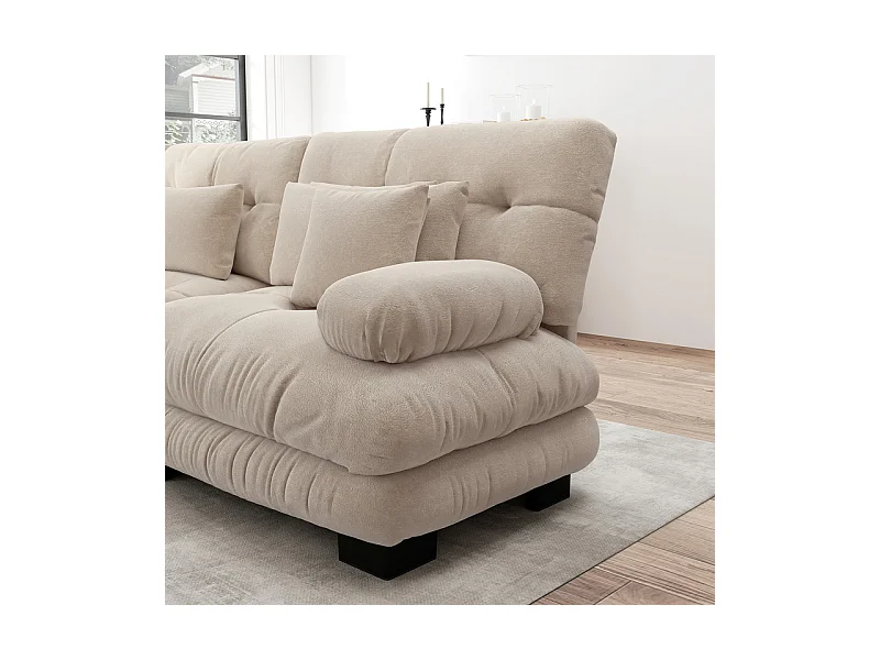 Canapé 3 places d'angle en tissu chenille, avec 5 oreillers, pouf amovible, combinaison DIY, 313x145x81cm, Beige