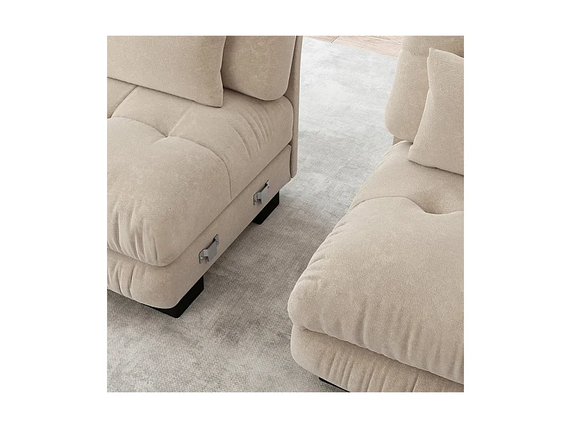 Canapé 3 places d'angle en tissu chenille, avec 5 oreillers, pouf amovible, combinaison DIY, 313x145x81cm, Beige