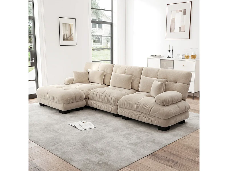 Canapé 3 places d'angle en tissu chenille, avec 5 oreillers, pouf amovible, combinaison DIY, 313x145x81cm, Beige