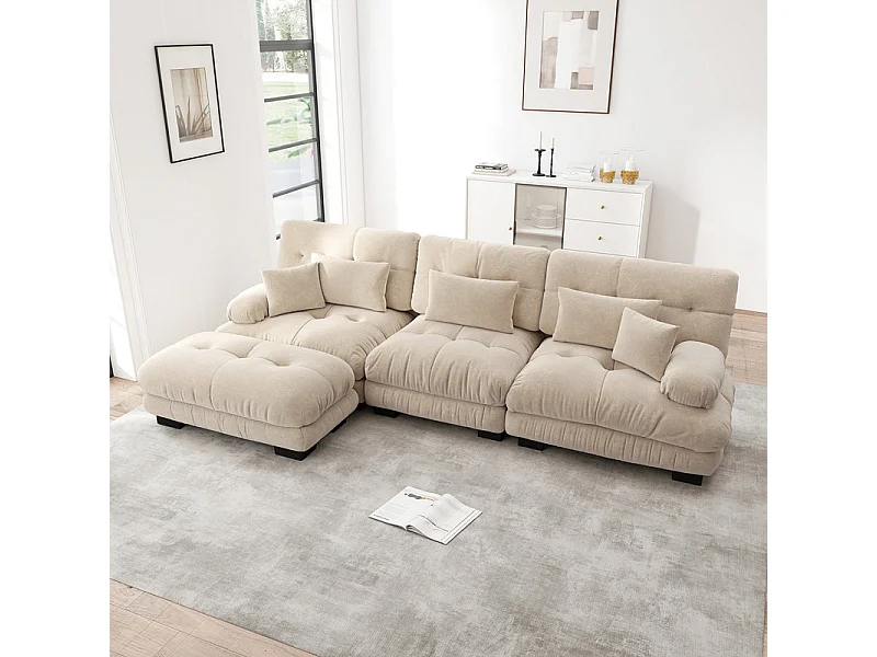 Canapé 3 places d'angle en tissu chenille, avec 5 oreillers, pouf amovible, combinaison DIY, 313x145x81cm, Beige