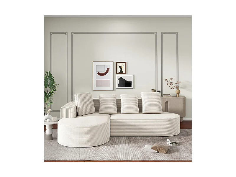 Canapé d'angle gauche en Velours Côtelé grosses côtes avec 4 oreillers - 265x67x40,5cm - Blanc