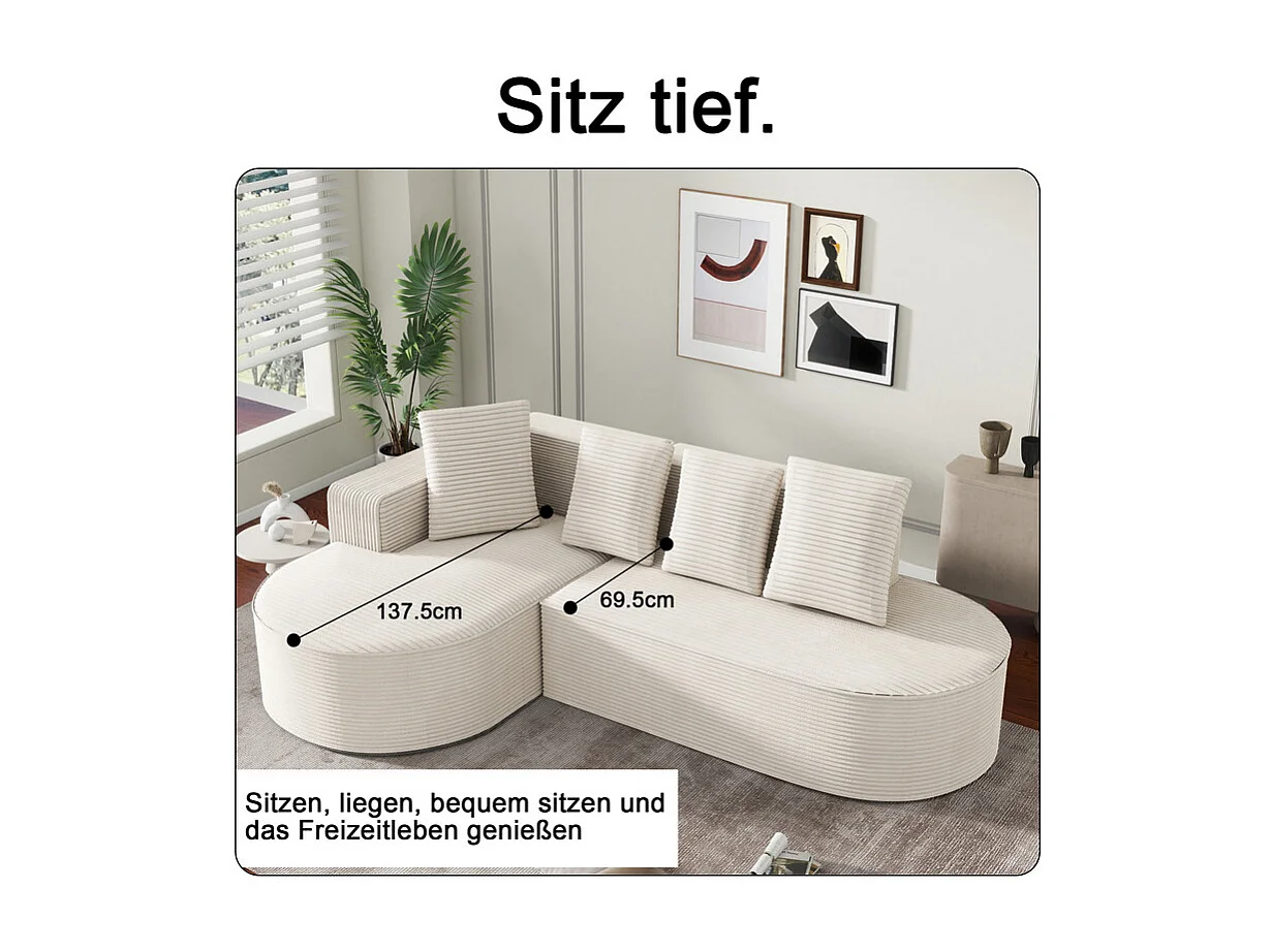 Canapé d'angle gauche en Velours Côtelé grosses côtes avec 4 oreillers - 265x67x40,5cm - Blanc