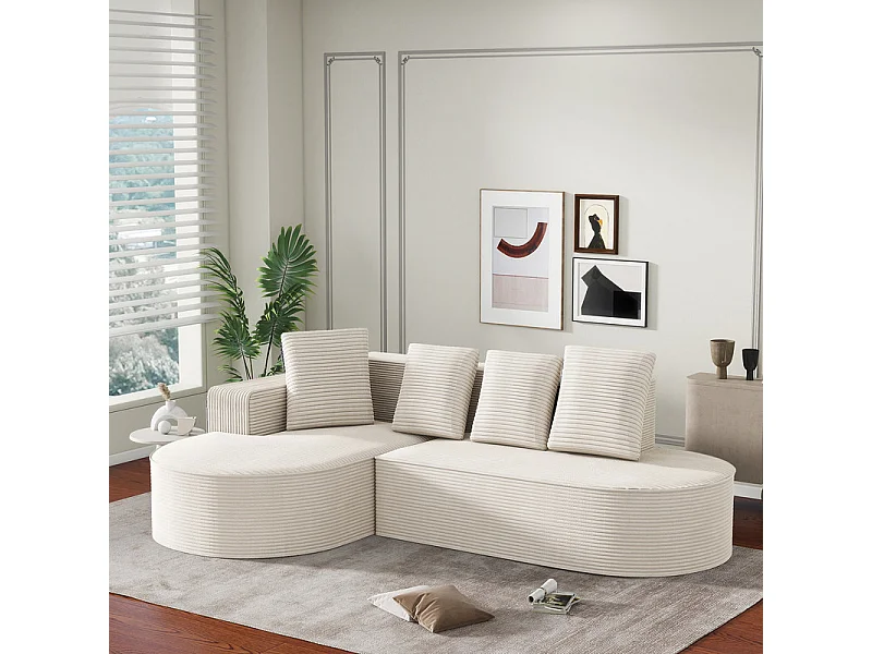 Canapé d'angle gauche en Velours Côtelé grosses côtes avec 4 oreillers - 265x67x40,5cm - Blanc