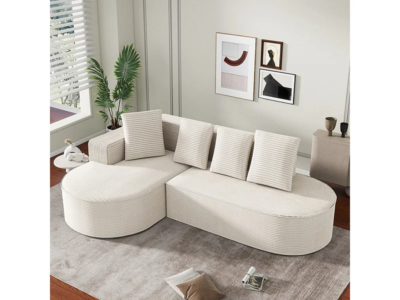 Canapé d'angle gauche en Velours Côtelé grosses côtes avec 4 oreillers - 265x67x40,5cm - Blanc