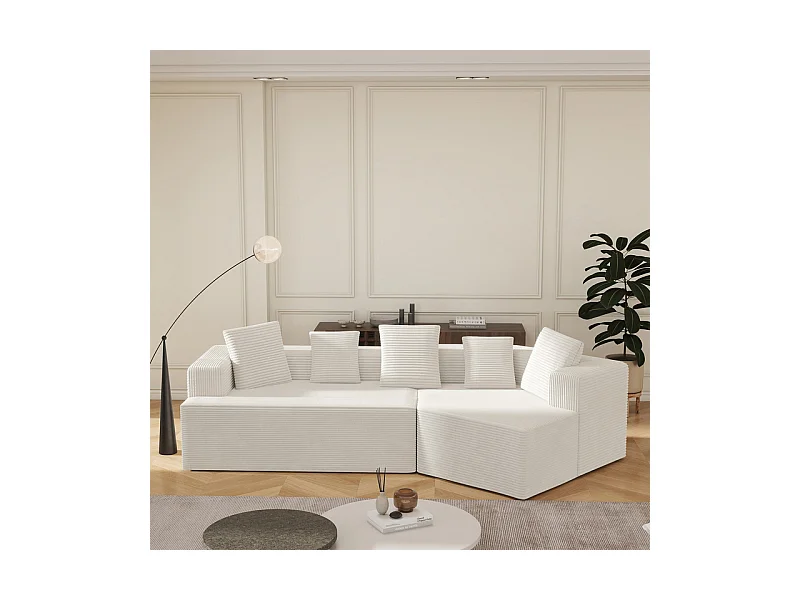 Canapé d'angle droit modulable 307cm - en Velours Côtelé grosses côtes - 3 places - avec 5 oreillers - Blanc