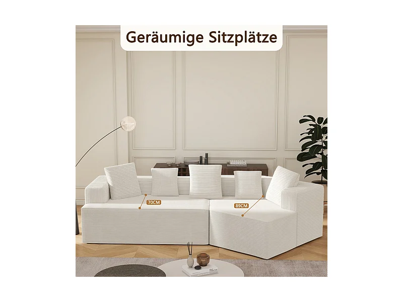 Canapé d'angle droit modulable 307cm - en Velours Côtelé grosses côtes - 3 places - avec 5 oreillers - Blanc