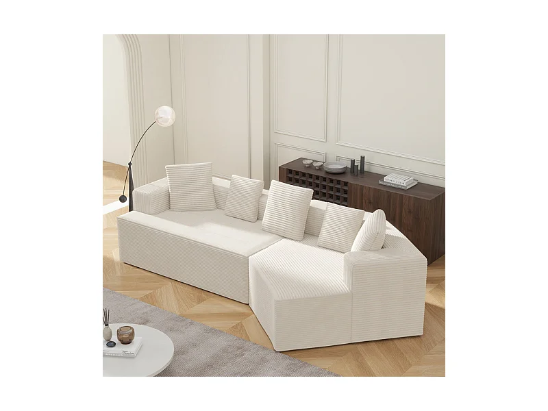 Canapé d'angle droit modulable 307cm - en Velours Côtelé grosses côtes - 3 places - avec 5 oreillers - Blanc
