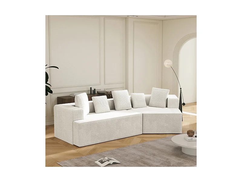 Canapé d'angle droit modulable 307cm - en Velours Côtelé grosses côtes - 3 places - avec 5 oreillers - Blanc