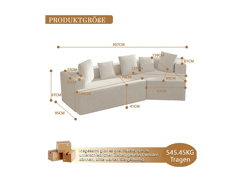 Modulares rechteckiges Ecksofa 307cm - aus Großer Rippensamt - 3-Sitzer - mit 5 Kissen - Weiß