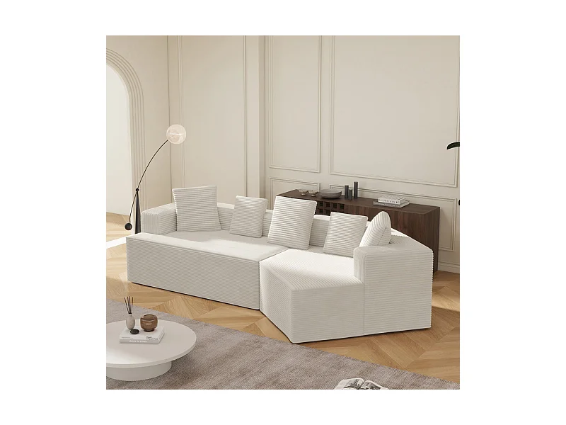 Modulares rechteckiges Ecksofa 307cm - aus Großer Rippensamt - 3-Sitzer - mit 5 Kissen - Weiß