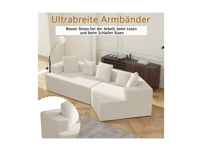 Modulares rechteckiges Ecksofa 307cm - aus Großer Rippensamt - 3-Sitzer - mit 5 Kissen - Weiß