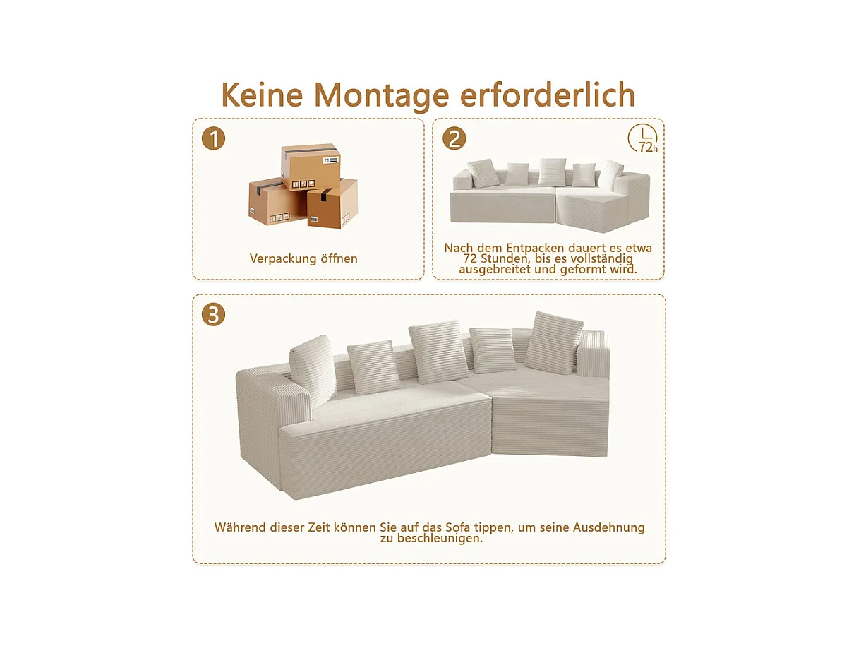 Modulares rechteckiges Ecksofa 307cm - aus Großer Rippensamt - 3-Sitzer - mit 5 Kissen - Weiß