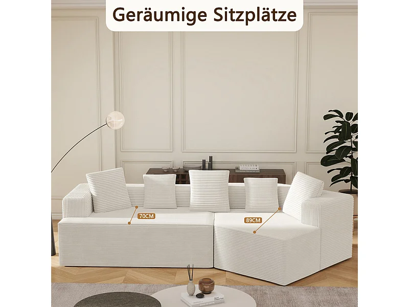 Modulaire rechte hoekbank 307cm - van Grootkeperig corduroy - 3-zits - met 5 kussens - Wit