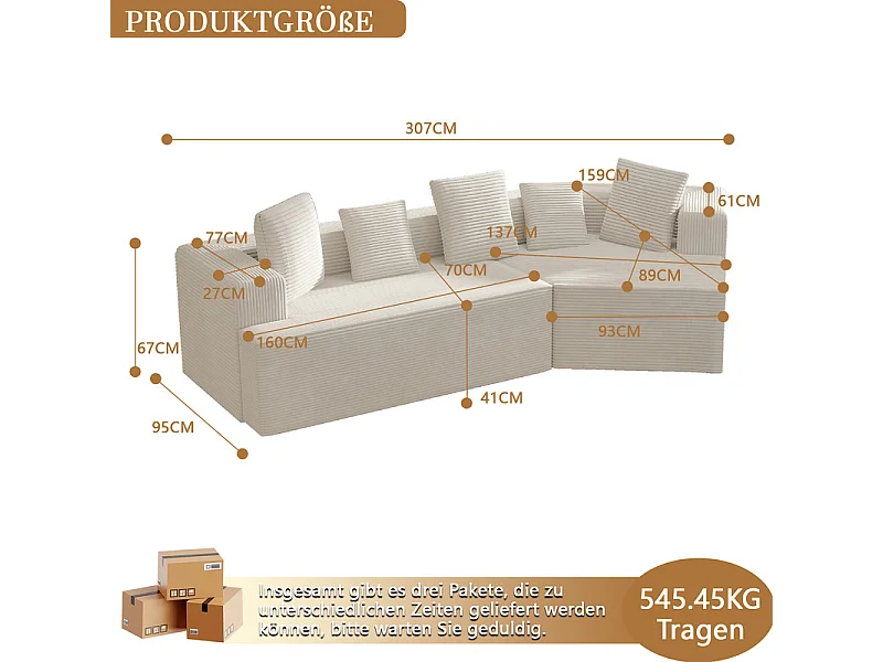 Modulaire rechte hoekbank 307cm - van Grootkeperig corduroy - 3-zits - met 5 kussens - Wit