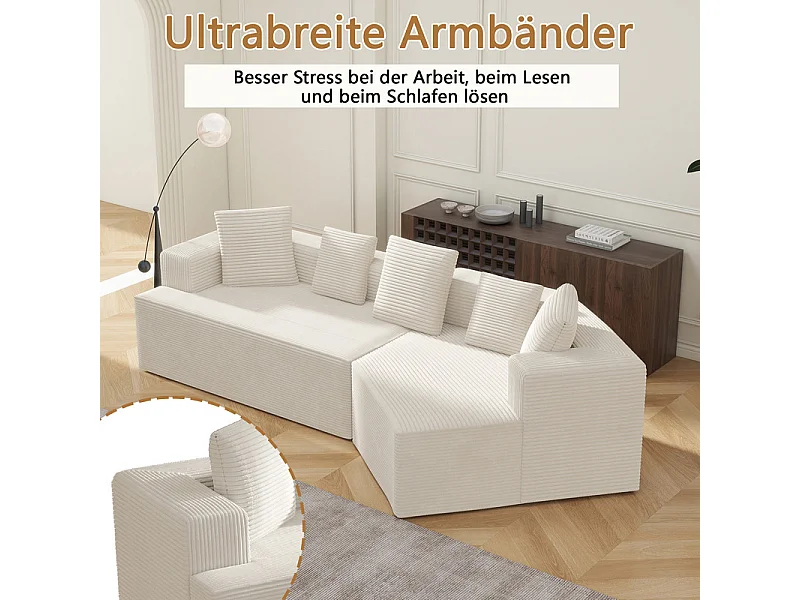 Modulaire rechte hoekbank 307cm - van Grootkeperig corduroy - 3-zits - met 5 kussens - Wit