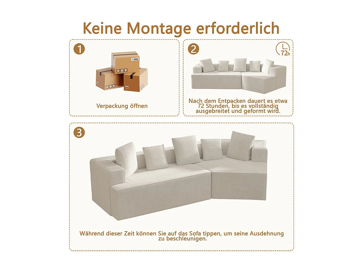 Modulaire rechte hoekbank 307cm - van Grootkeperig corduroy - 3-zits - met 5 kussens - Wit