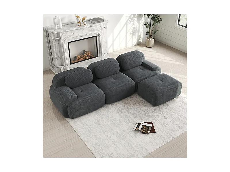 Sofá angular modular 3 lugares - de Veludo cotelê - com 3 almofadas e puff - 298x178x75cm - Cinza